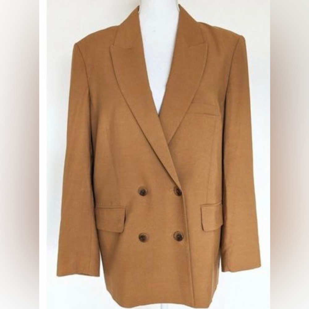 Oroton Double Breast Cotton Blazer Jacket Wide Peak Lapels in Toffee Size 10 NWT - Picture 3 of 11